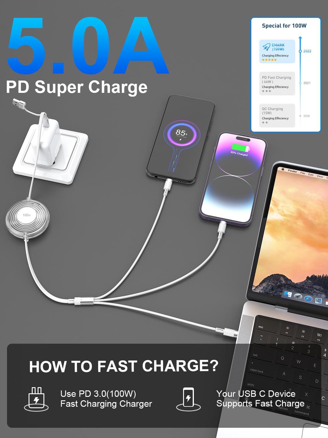 Multi Charging Cable 3 en 1 Retráctil – 100W Carga Rápida USB-C 4