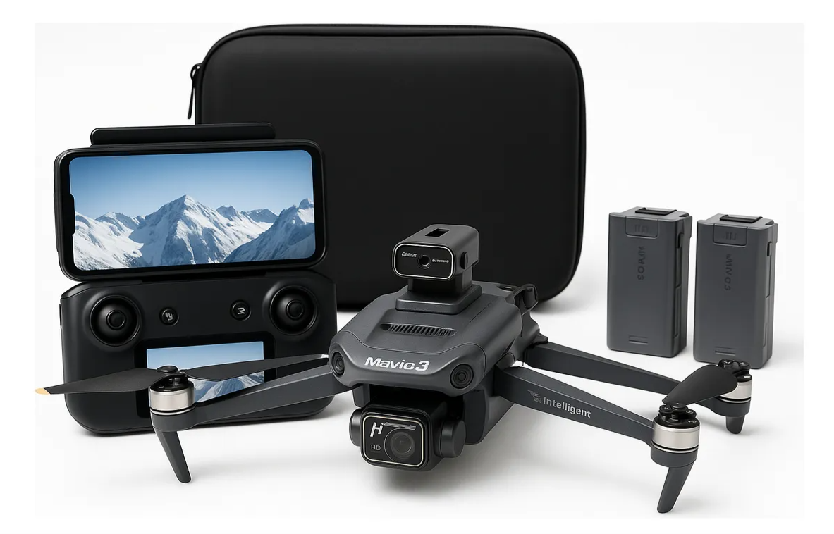 Dron D23 negro con hélices encendidas y control remoto, flotando