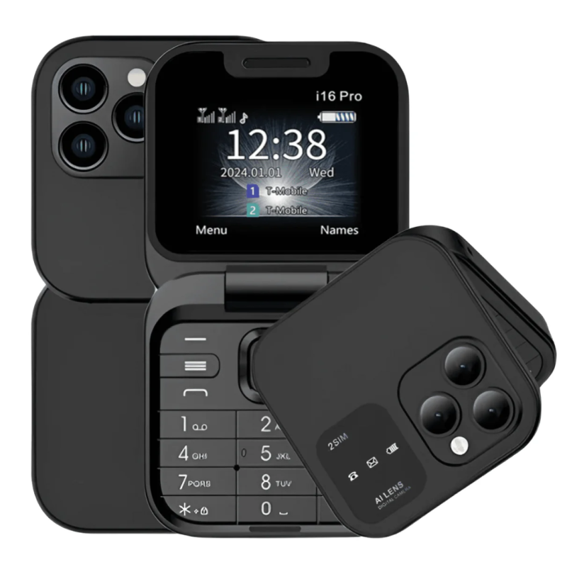 Móvil i16 Pro - Teléfono Plegable Multilingüe con Pantalla Doble, Linterna LED, Cámara HD y Batería de Larga Duración 12
